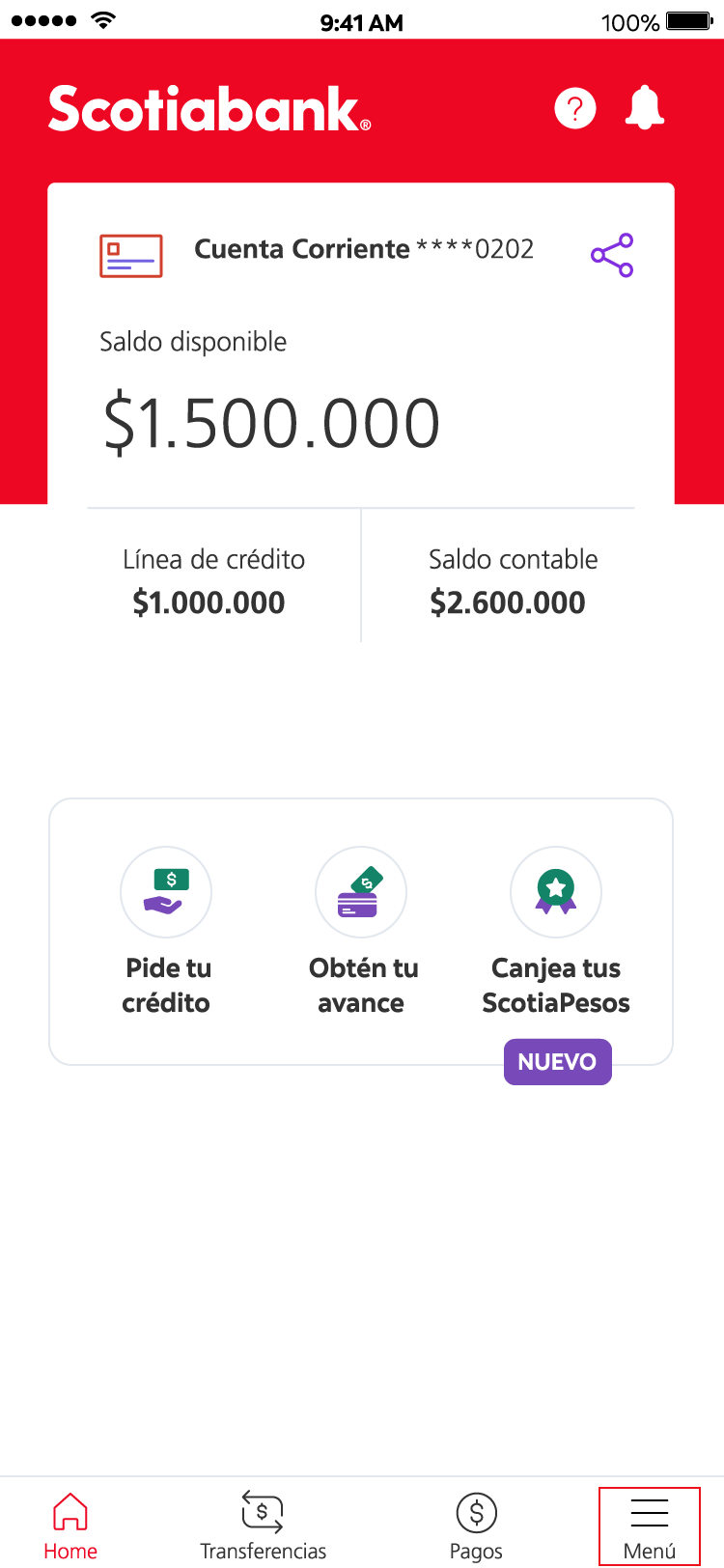 Interfaz inicial app Scotia GO, para ver créditos hipotecarios 