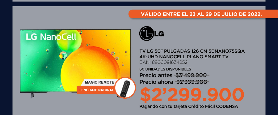 TV LG 50 Pulgadas 126 cm 50NANO75SQA 4K-UHD NanoCell Plano Smart TV