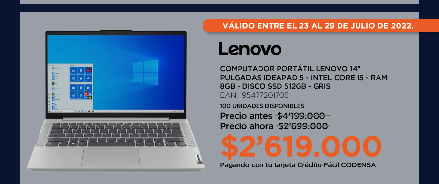 Computador Portátil LENOVO 14 Pulgadas IdeaPad 5 - Intel Core i5 - RAM 8GB - Disco SSD 512GB - Gris