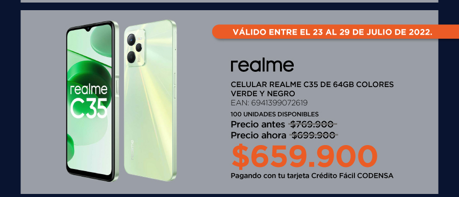 Celular REALME C35 de 64GB colores verde y negro
